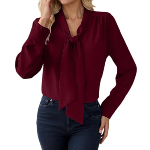Genérico Túnica Casual Camisa con Lazo y Nudo Tops de Blusa de Mujer con Cuello de Lazo de Un Solo Color Suelta Camisa Casual Blusa de Mujer de Manga Larga Elegante con Escote En V