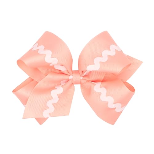 Wee Ones Girls’ Grosgrain Hair Bow with Ric-Rac Detail, Medium or King, on WeeStay No-Slip Clip, King, Light Coral image 2