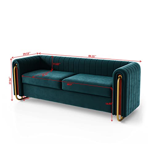 Image of Dolonm Modern Velvet Sofa for Living Room, 84 Inches Long Upholstered Sofa Couch with High Armrest and Metal Legs Decor Furniture for Bedroom, Office (Green)