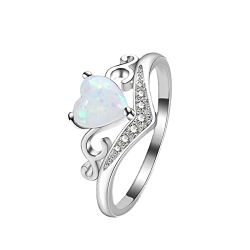 Heart Shaped Opal Ring for Women Bride Wedding Band Inlaid Zircon Anniversary Ring (Silver, 9)