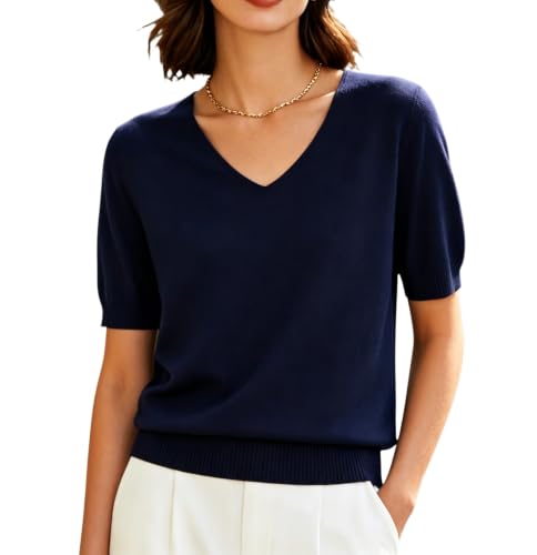 Image of DAIMIDY Women's Short Sleeve Sweater V Neck Summer Knit Tops