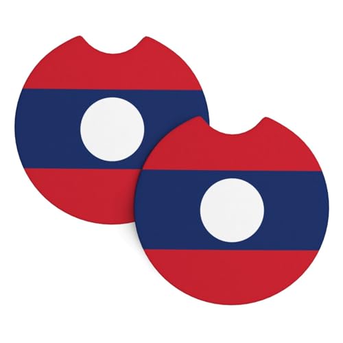 Lot de 2 sous-verres de voiture avec motif drapeau du Laos - 6,9 cm - Avec encoche de doigt - Pour homme et femme