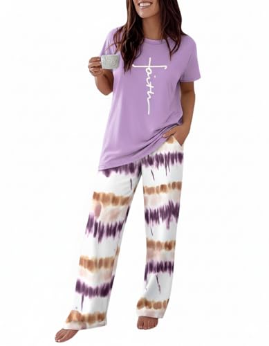 Image of CHICME Womens Pajamas Sets 2 Piece Short Sleeve Lounge Set Printed Loose Pants Pj Sets Loungewear Set