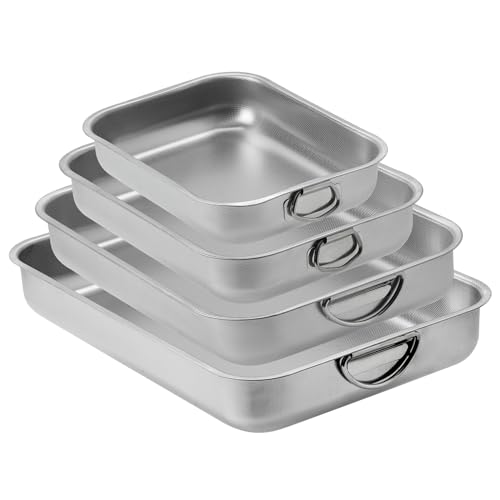 ROSSETTO Plat à Four Inox Améliorée avec Poignées Set de 4 Plat à Lasagne Rectangulaire Plat de Cuisson en Acier Inoxydable Texture en nid d'abeille