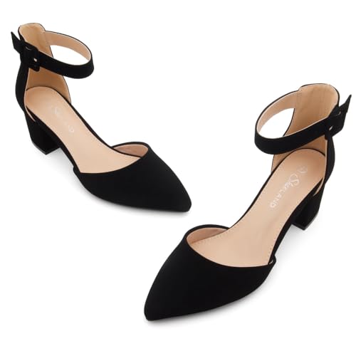 Shoe Land Closed Toe Heels for Women – 2.25 Inch Low Block Pumps for Office | Pointed Toe Chunky Dress Heels with Ankle Strap | Comfy Womens Business Casual Shoes2