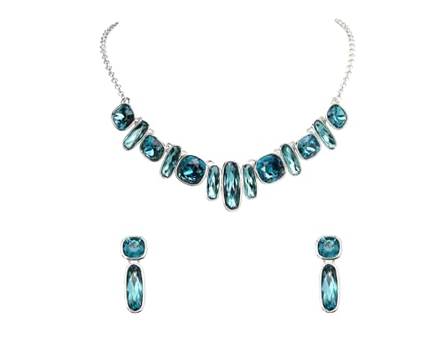 Faship Teal Crystal Floral Statement Necklace Earrings Set - Teal