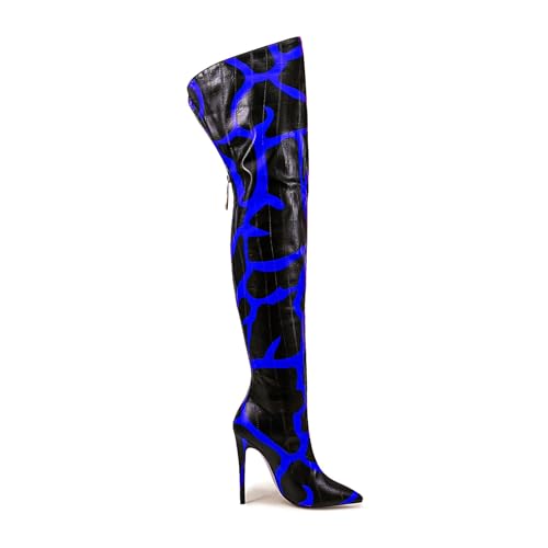 Image of Thigh high boots for women striped Back zipper Burgundy Zebra Print Over the knee Sexy gold white pointed toe Cow Print leopard Magenta stiletto heel