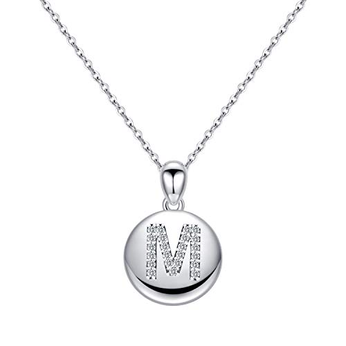 Turandoss M Letter Necklace for Women, Disc 14K White Gold Plated Round Disc Engraved Hammered CZ Alphabet Silver Initial Necklaces for Kids Necklaces Girls