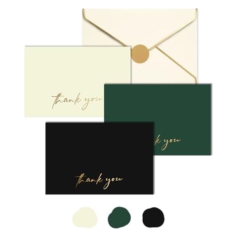 AZAZA 48 PCS Thank You Cards with Envelopes 4x6, Green Wedding Thank You Cards Gold Foil, Minimalistic Blank Thank You Notes for Graduation Baby Shower Bridal Shower (Green and Black) Cover