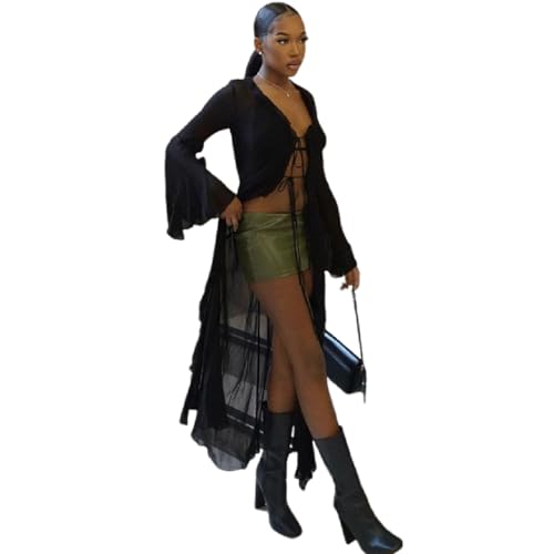 Women's Mesh Sheer Long Flared Sleeve Cardigan Maxi Dress Lace Up Ruffles See Through Beach Cover Ups Party Clubwear2