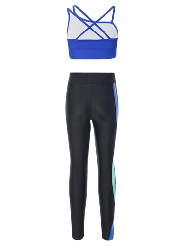 easyforever Kids Girls Two Piece Athletic Leggings And Crop Tops Tracksuit Activvewear Set Gymnastics Dance Workout Outfits Royal Blue&Blue 8 Years2