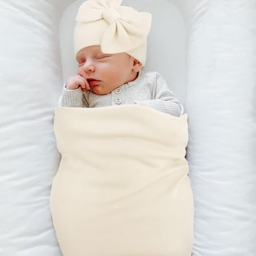 Image of AQOKKA Newborn Receiving Blanket with Bow Hat Mittens Wooden Card Set Newborns Toddler Baby Boy Girl Nursery Swaddle Wrap
