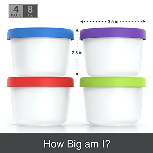 BALCI - 8oz Mini Ice Cream Containers with Silicone Lids (Set of 4) - Freezer Food Storage Containers, Reusable, LeakProof, For Homemade IceCream Containers - Blue, Red, Green, Purple