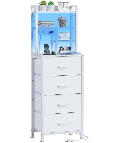 Furnulem Tall Night Stand, 52.1 Inch LED Nightstand with Charging Station and USB Ports, 4 PVC Fabric Drawers and 4 Tier Storage Shelf, Bedside Table for Bedroom, Dorm, Office (White)
