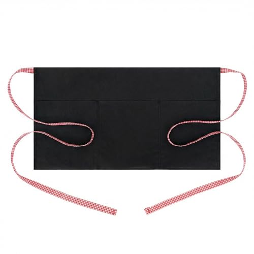 Image of BOHARERS 3-Pocket Waist Apron With Red And White Plaid Shoulder Straps - Black Waitress Waiter Server Short Aprons