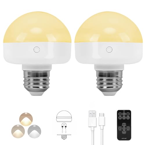 BLUEYE Rechargeable Battery Operated Light Bulb,2Packs,300LM,40W Equivalent,E26 Detachable Charging(E12 available),4 Color Temperature,Remote Control Puck Emergency Lamp,Timer,Dimmer,For Non-Hardwired