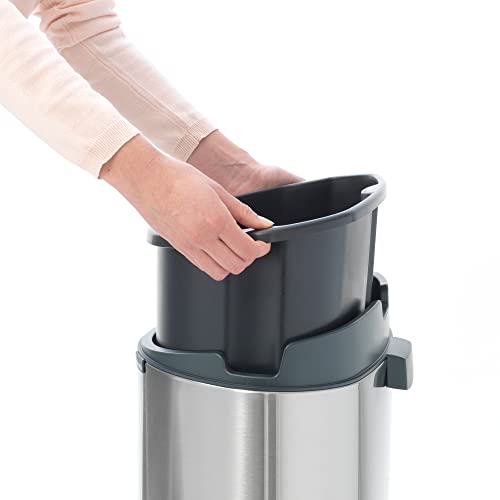 Image of Brabantia Press-Top Kitchen Trash Can with Flat Back | Platinum | 10.6 Gallon / 40L | Home Trash Can with Soft-Touch Stay-Open Lid & Removable Inner Bucket | Fits Flat Against Walls | + Trash Bags