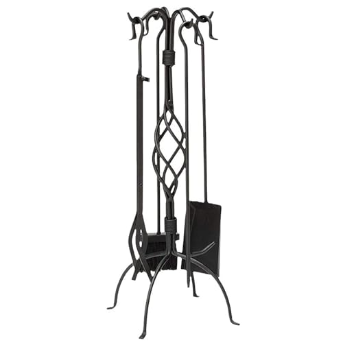 Gtzly Attrezzi Camino da Interno Ed Esterno, Accessori for Caminetto in Ferro Battuto con Manico Ergonomico, Kit for Camino con Pinze, Attizzatoio, Pala, Spazzola E Supporto