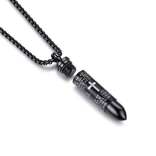 MONIYA Stainless Steel Urn Necklace For Ashes Bullet Shaped Cremation Urn Jewelry Lords Prayer Mens Urn Pendant Necklace Waterproof