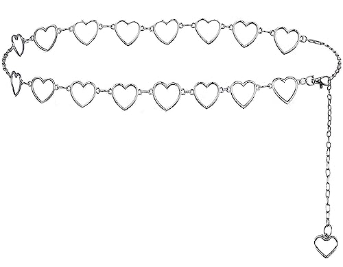 CCAIPU Ketten Gürtel für Damen, Pfirsich Herz Anhänger Link Gürtel Einstellbare Metall geflochtene Gürtel für Kleid Jeans Mantel Hosen (B-Silber)