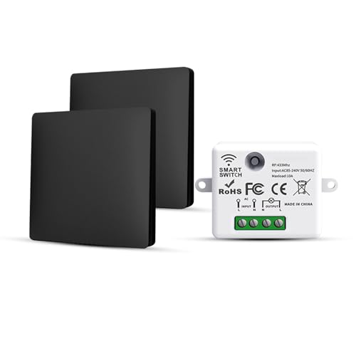 HYHIOTS Interupteur Sans Fil, 2 Interrupteur d'éclairage Sans Pile Fil va et Vient Avec émetteur et Contrôleur Récepteur RF433 10A 240V (Kit 2 Voies)