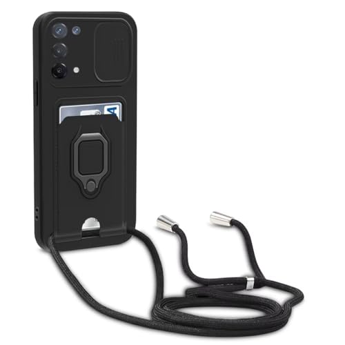Beajew Funda para OPPO A54 4G/A16/A16S/A55/A53S 5G, Cubierta de Cámara Deslizante Proteger,Anillo Soporte magnético de Hierro+Ranura para Tarjeta,Ajustable Collar Carcasa de Silicona- Negro