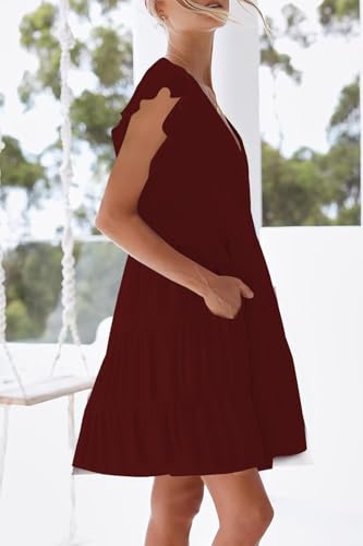 Image of nclook Womens Summer Casual Dresses Sweet Cute V Neck Mini Dress with Pockets Ruffle Short Sleeve