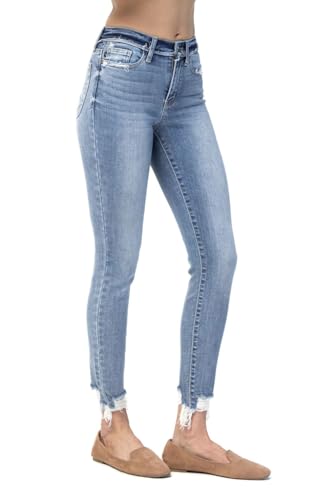 Judy Blue Women's Mid Rise Release Waist Band Distressed Hem Skinny Jeans4