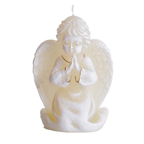 Vela en forma de ángel en marfil con detalles plateados y purpurina, hecha y decorada a mano, tamaño aprox.: 5 x 10 x 15 cm