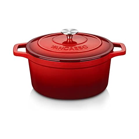vancasso 6 QT Enameled Cast Iron Dutch Oven with Lid, Dual Handles for Bread Baking, Heavy-duty Round Dutch Oven, Non Stick Coating, All Heat Source, Red Cover
