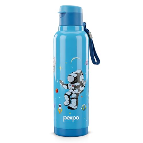Image of Go24 pexpo Sonnet 900 PU Insulated Stainless Steel Water Bottle for Kids - 680ml | Flip-Top Cap | Leakproof & BPA Free| Carry Strap | for School, Sports, Travel, Picnic, Outdoor - Blue Astronaut