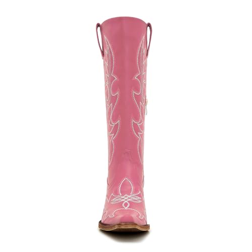 Image of Uillnoodu Women's Turquoise Cowgirl Boots - Wide Calf Mid Calf Western Boots Plus Size Embroidered Cowboy Style with Block Heel