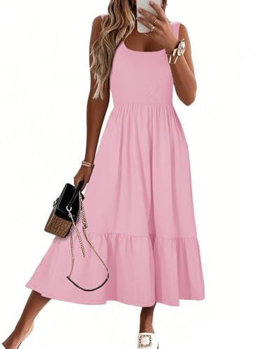Image of HDLTE Women Summer Dresses 2025 Square Neck Tiered Tank Long Maxi Casual Sundress with Pockets