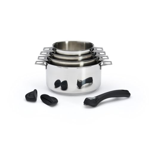 De Buyer - Lot de 4 casseroles en inox MILADY TWISTY amovibles, 1 queue et 2 anses en silicones noires - Diamètre 14/16/18/20 cm -, Gris