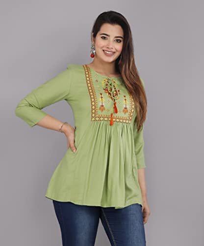 Image of Avayayat Women's Rayon Classic Heavy Embroidery Top with Beautifull Tassels at Front and on Both Sleeves Regular Fit Office Wear Festival Tunic Jeans Summer