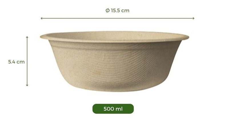 Bol 500 ml de caña de azucar - Bowl - Cuenco 500 ml - Biodegradable y compostable - Paquete 50 unidades