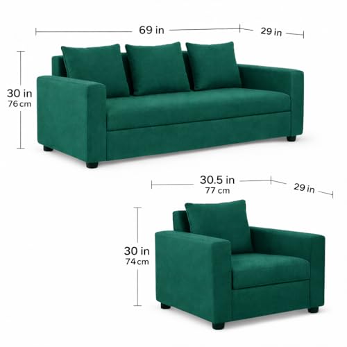 Image of Wood 3+1+1 Sofa Set 5 Seater | Velvet Fabric Upholstery | Wooden Frame Sofa Set with 3 Seater & 2 Single Chairs for Living Room, Home & Office (Green)