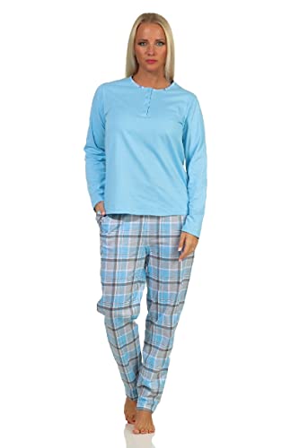 Damen Pyjama Langarm Schlafanzug mit Karohose und Knopfleiste am Hals - 212 201 90 445, Farbe:hellblau, Größe:48-50 Cover