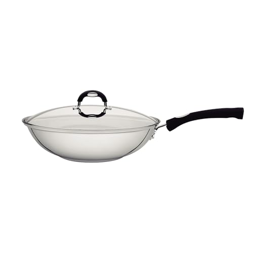 Tramontina Wok de acero inoxidable con tapa de cristal | 28 cm (3,3 litros) | Listo para inducción | Asas cómodas de silicona | Apto para lavavajillas 62138/280
