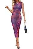 MEROKEETY Women's Summer Bodycon Tie Dye Dress Sleeveless Crew Neck Mesh Cocktail Party Maxi Dresses, Plum, M