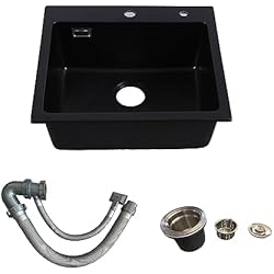 Fregadero Cristal Negro MEJE Fregadero de Cuarzo 55x49 cm Seno Sencillo para Cocinas 2 Agujeros Pretaladrados Color Negro