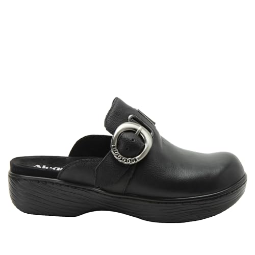 Image of Alegria Women's Osmosis Open Back Wood Look Rocker Leather Clog Heel
