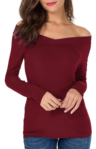 Image of Sarin Mathews Womens Shirts Off The Shoulder Tops Sexy V Neck Slim Fit Shirts Tops Blouses