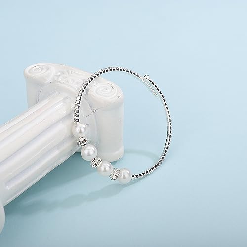 YERTTER Simple Vintage Open Cuff Pearl Crystal Bangle Bracelet Rhinestone Pearl Bangle Bracelet Gift for Women Brides for Prom Party Wedding Dating4