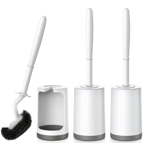 Image of HAMITOR Toilet Bowl Brush Holder Set: Curved Design with Holder for Deep Cleaning Under Rim - Compact Hidden Scrubber for Small Space - Modern RV Bathroom Accessories - 3 Pack