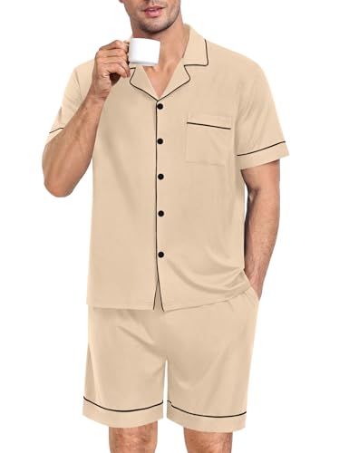 Image of SWOMOG Mens Pajama Set Short Sleeve 2 PCS Sleepwear Button Down Soft Loungewear Modal Set Pj Set with Pockets S-3XL