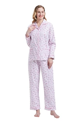 Image of GLOBAL Women's Flannel Pajamas Set 100% Cotton PJs for Women Long Sleeve Button Drawstring Waist Warm Loungewear Sleepwear