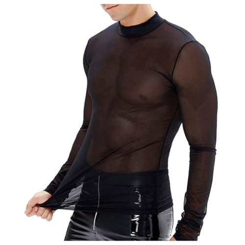T-shirt pour homme en maille noire imprimée à manches longues micro transparent polyvalent élastique base été, Noir , M