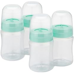 Motif Medical Breast Milk Storage Bottles for Duo Breast Pump - Durable Plastic Breastfeeding Essentials w/Locking Rings, Lids & Nipple Caps - Breast Milk Container (Set of 4, 6 oz)