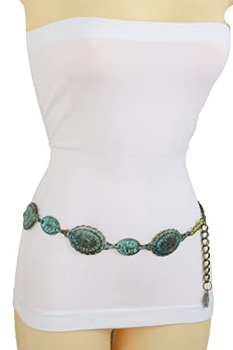 Women Wide Bohemian Fashion Belt Hip High Waist Antique Gold Metal Turquoise Charms S M4